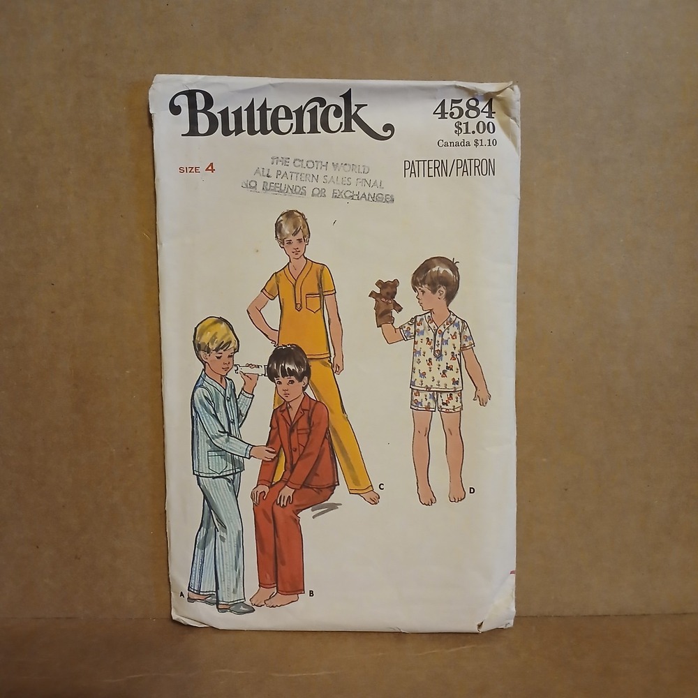Butterick 4584 Vintage SEWING Pattern Boys Size 4  1970s Pajamas  Sleep Set